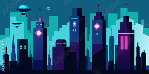 Night city skyline illustration with urban buildings and a luminous moon over the downtown metropolis