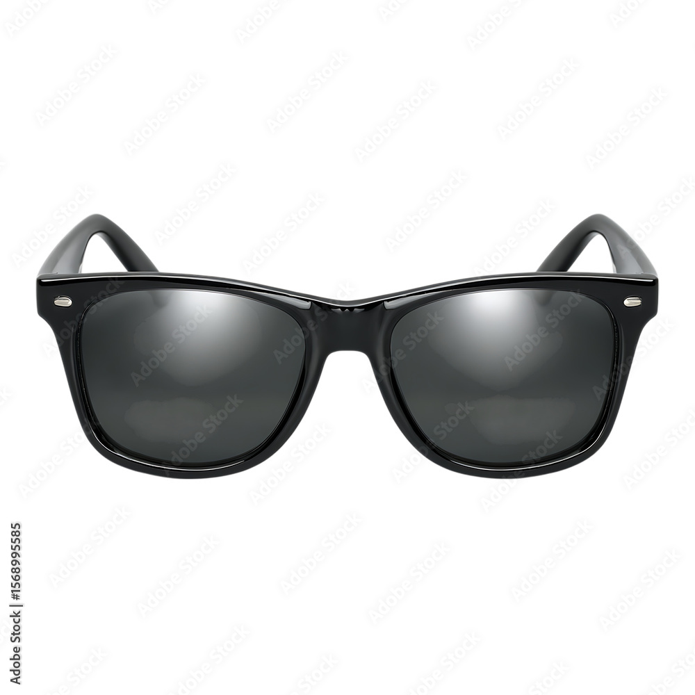 Classic black wayfarer sunglasses with dark lenses isolated on transparent background