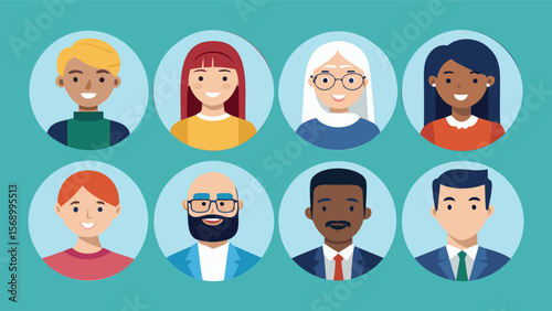 Diverse group of cartoon people portraits in circles with various ethnicities and hairstyles displayed nicely