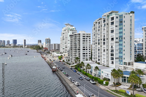 Aerial of the Deepwater Point and Aqua Apartments, looking South along Marine Parade and the Broadwater, Labrador towards Southport, Gold Coast, Queensland