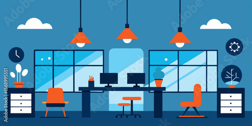 Vector illustration of a modern office or cafe interior with stylish furniture like chairs, tables, and lamps, perfect for business or home decor designs