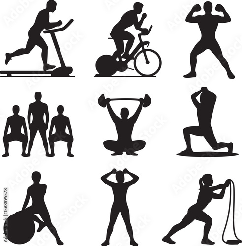Fitness Silhouettes Exercise Icons for Workout, Gym, and Health Websites