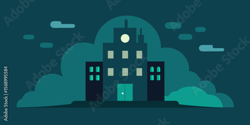 A dark castle silhouette vector with a moonlit sky creates a spooky urban illustration of a building in the night landscape