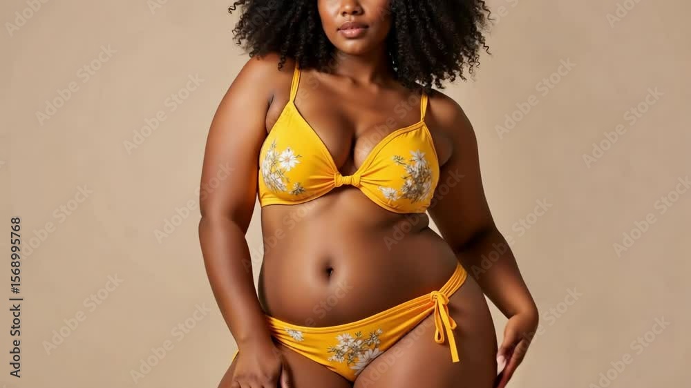 A curvy woman confidently models a vibrant yellow bikini adorned with a floral pattern showcasing her light brown skin and natural afro.