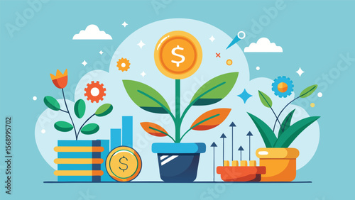 Illustration of plants growing in pots with money and charts on a light blue background design vector