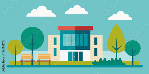 Autumn landscape illustration of houses and trees in a village