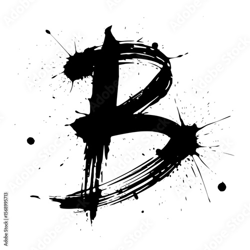 Bold black ink letter B brushstroke art, Artistic black ink letter B painted with bold expressive brushstrokes on white textured background, perfect for design or typography projects.

