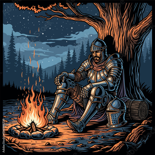 burn, design, isolated, honor, vector, fantasy, fire, woman, evil, fairytale, magic, illustration, kingdom, medieval, cartoon, knights, man, knight, helmet, hero, warrior, armor, ancient, history, 