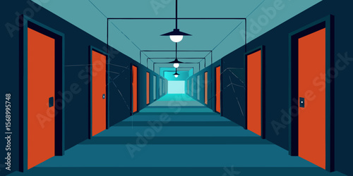 A long, empty server room corridor bathed in red and blue light, with rows of servers and colored cables along the walls