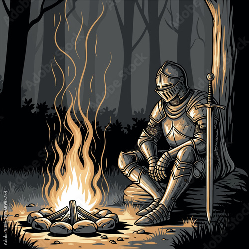 burn, design, isolated, honor, vector, fantasy, fire, woman, evil, fairytale, magic, illustration, kingdom, medieval, cartoon, knights, man, knight, helmet, hero, warrior, armor, ancient, history, 