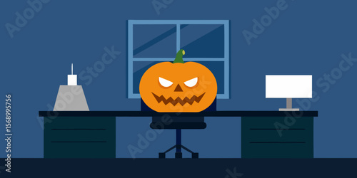 A scary Halloween pumpkin lantern vector illustration featuring an evil, spooky, orange jack-o'-lantern face perfect for autumn holiday celebrations in October