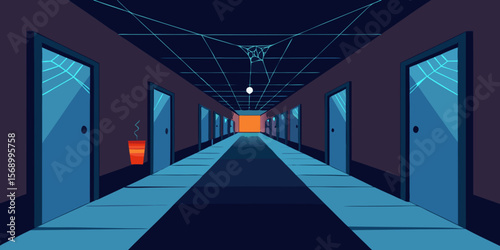 Blue lit empty underground tunnel with a long, curving design