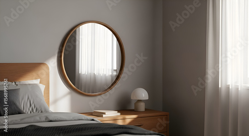A centered simple rounded mirror with wooden frame with golden light, centered on bedroom