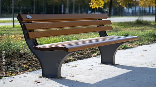 Classic wooden bench with metal legs in a park