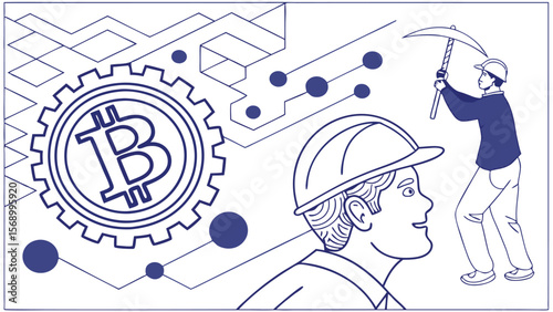 Illustration of bitcoin mining with gear, circuit board, and miners with pickaxes in blue outlines