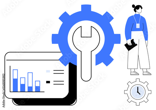 Woman holding a folder beside digital analytics chart, blue gear with wrench and clock. Ideal for workflow, analytics, optimization, business, planning, teamwork efficiency. Simple flat metaphor
