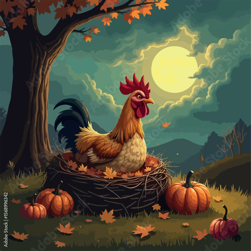 illustration, rooster, autumn, animal, background, vector, season, farm, design, bird, fall, holiday, chicken, pumpkin, october, celebration, tradition, hen, happy, isolated, symbol, thanksgiving, 