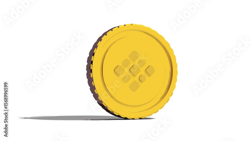 A single gold coin with a geometric pattern on its face standing on its edge casting a shadow on white