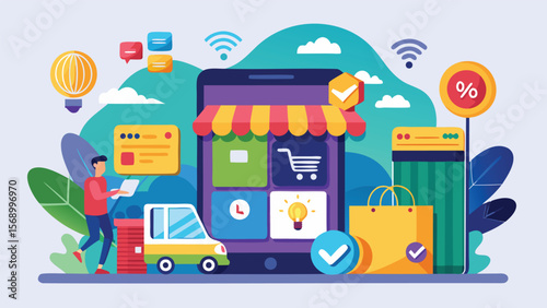 Illustration of online shopping with a mobile phone storefront and delivery van and a person with laptop