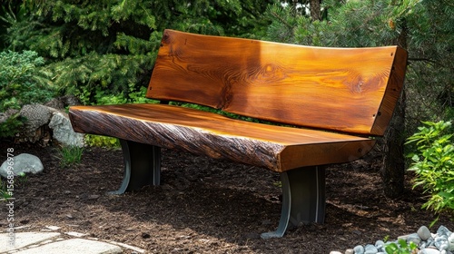 Classic wooden bench with metal legs in a park