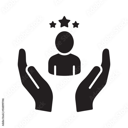 Customer care icon with hands protecting a person with stars representing VIP service client support user experience and employee appreciation vector solid glyph