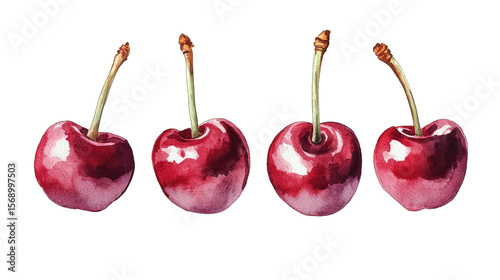 A Watercolor Painting Of Four Red Cherries Each With A Green Stem And Leaf Arranged In A Row Against A Transparent Background