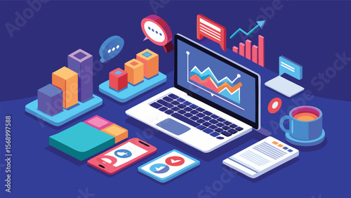 Isometric illustration of a laptop displaying data charts with mobile devices and coffee nearby on a desk