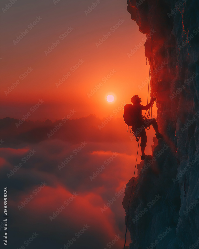 Fototapeta premium Man climbing mountain cliff during dramatic sunset over cloudscape. Mock up promotion information for marketing announcements and details, blank white space