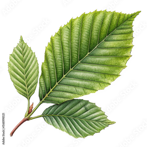 Fresh serrated leaf with fine red stem and smooth green texture in natural botanical style