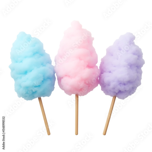 Three colorful cotton candy treats in blue pink and purple isolated on transparent background