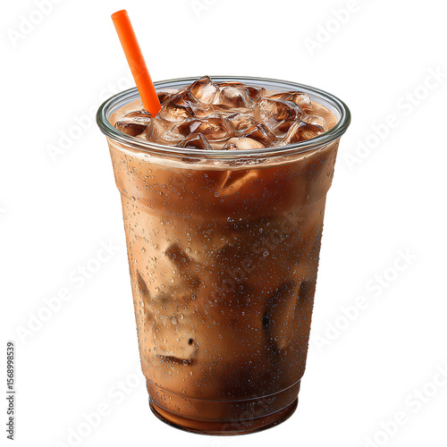 Refreshing iced chocolate drink with ice cubes and orange straw isolated on transparent background