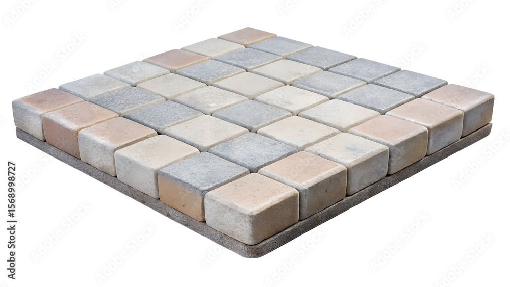 A sample of square paving stones in shades of grey and beige, isolated on transparent background A sample of square paving stones in shades of grey and beige, isolated on transparent background