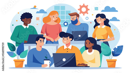 Diverse team collaborating on laptops in a modern office environment with potted plants and gear icons