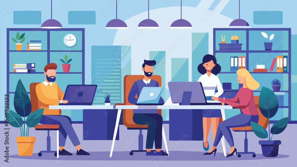 Obraz premium People working together at a long desk in a modern office with laptops and plants on shelves nearby