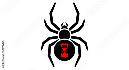 Black widow spider displays a red hourglass symbol against a white background, creating a dangerous, graphic design with copy space.