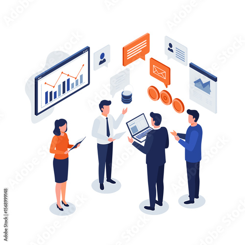 Business team discussing financial data and analytics in office  