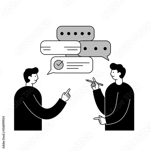 Two men engaged in discussion with speech bubbles in minimalist style  
