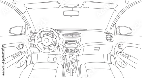 Car Interior Sketch: Illustrating the dashboard and seating in a vehicle from a front-view perspective, with a clean, modern design and technical drawing style.