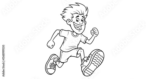 Cartoon boy runs with a cheerful expression, isolated against a white background, showcasing the concept of youthful energy and movement, perfect for coloring page.