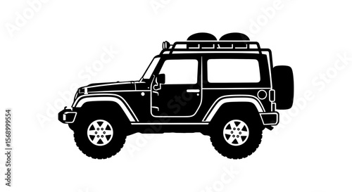 Off-road Vehicle Travels, Displaying Adventure; a black and white vector illustration suggesting freedom and exploration, suitable for designs needing graphic elements.