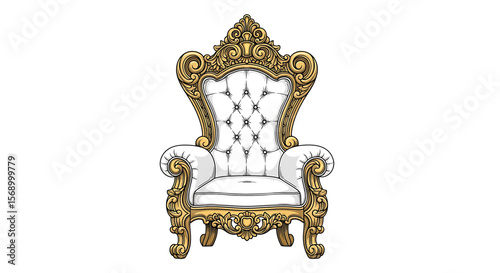Throne Illustration: Royalty, power, and authority emanate from a white and gold decorative throne, illustrated with ornate details, isolated on a white background.