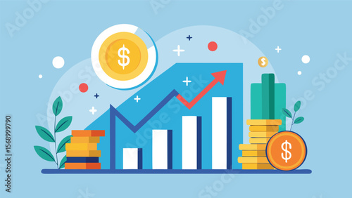 Illustration depicting financial growth with coins, a chart, and an upward trending arrow