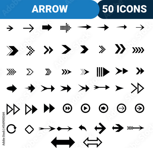 Collection of fifty diverse black arrow icons representing direction navigation and movement