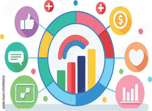 Illustration showing bar graphs pie chart dollar sign globe heart speech bubbles and check mark on a beige background