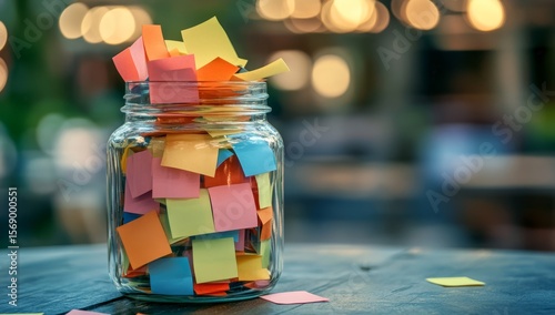 Colorful sticky notes in a mason jar outdoors; blurred bokeh background