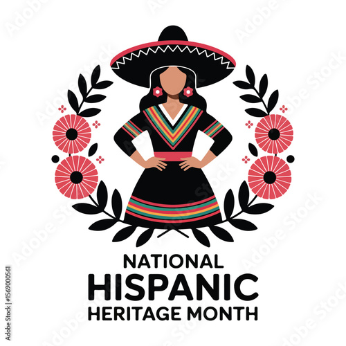 Hispanic Heritage Month Vector with Traditional Mexican Woman Illustration
