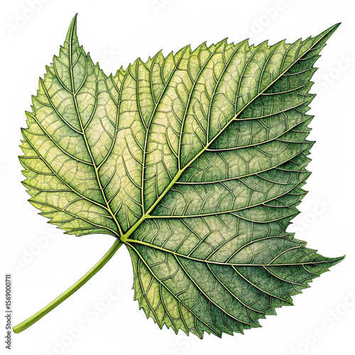Serrated green leaf with pale veins and natural rough texture in realistic botany view