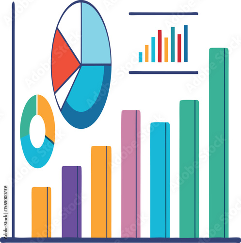 Colorful data visualization with bar chart pie chart and line graph for business presentation