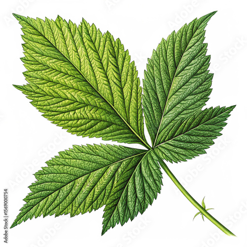Green raspberry leaf cluster with serrated edges and detailed surface showing freshness