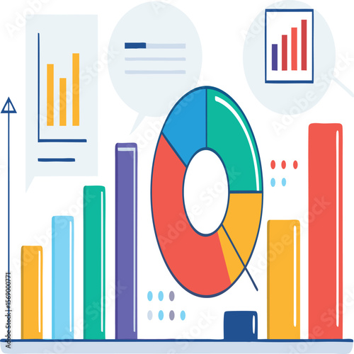 Illustration showing bar graphs and pie charts representing statistical data and analysis results report